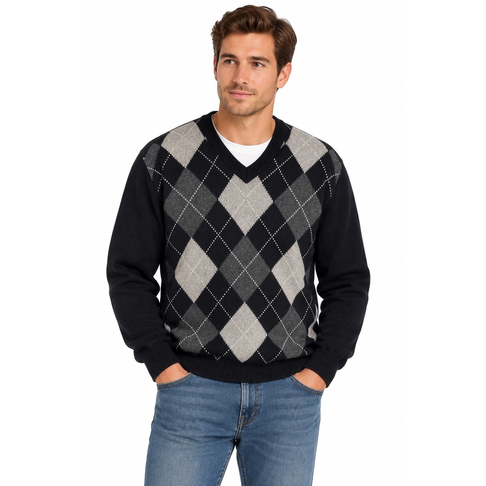 Club Room Mens 100% Lambswool Argyle V-Neck Sweater Black Grey Large 21300BB445